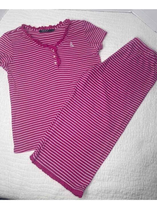 Lauren Ralph Lauren Other - Lauren Ralph Lauren Pink White S Cotton Pajamas Short Sleeve Blouse Long Pants